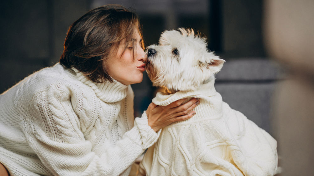 young woman her cute dog wearing sweater |Dog Crafts Your Pooch Will Love | Featured